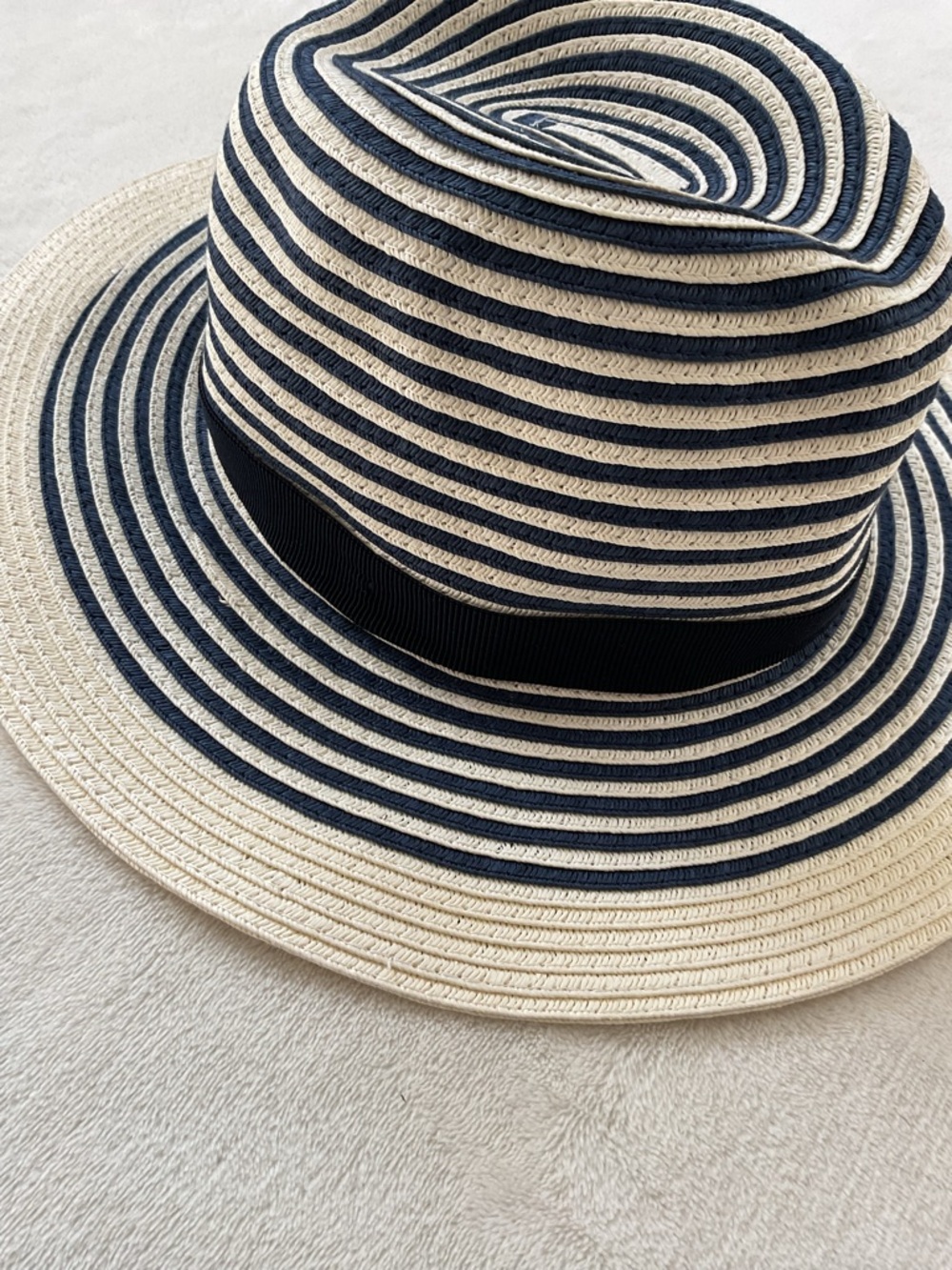 J.Crew Factory Straw Fedora Hat Navy Stripe Wide Brim M/L Summer - Picture 4 of 9